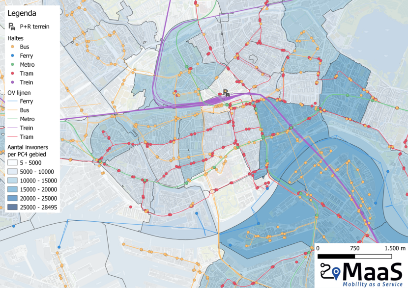 Datavisualisatie van Rotterdam. Een kaart waarop te zien is hoeveel inwoners een bepaald gebied heeft en of er bus-, ferry-, metro-, tram- of treinlijnen doorheen rijden.